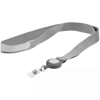 {{photo.Alt || photo.Description || 'Лента для бейджа с ретрактором Devon, серая с белым'}}